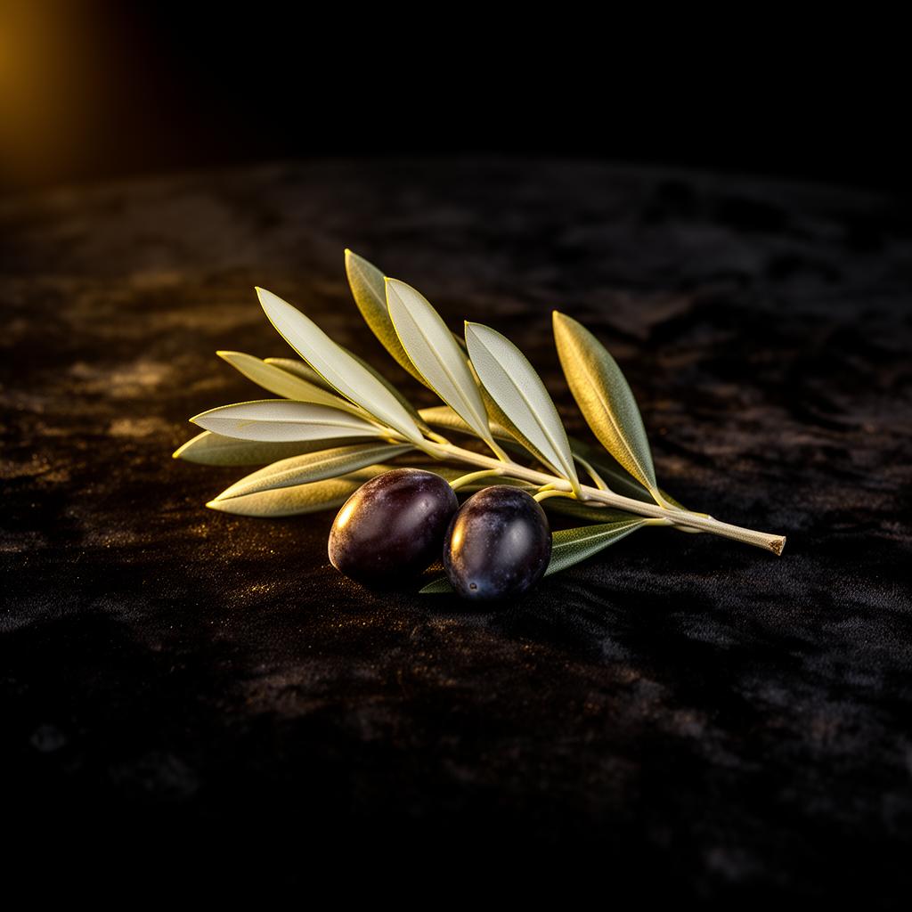 Olive branch on black velvet Greek heritage, quietly held